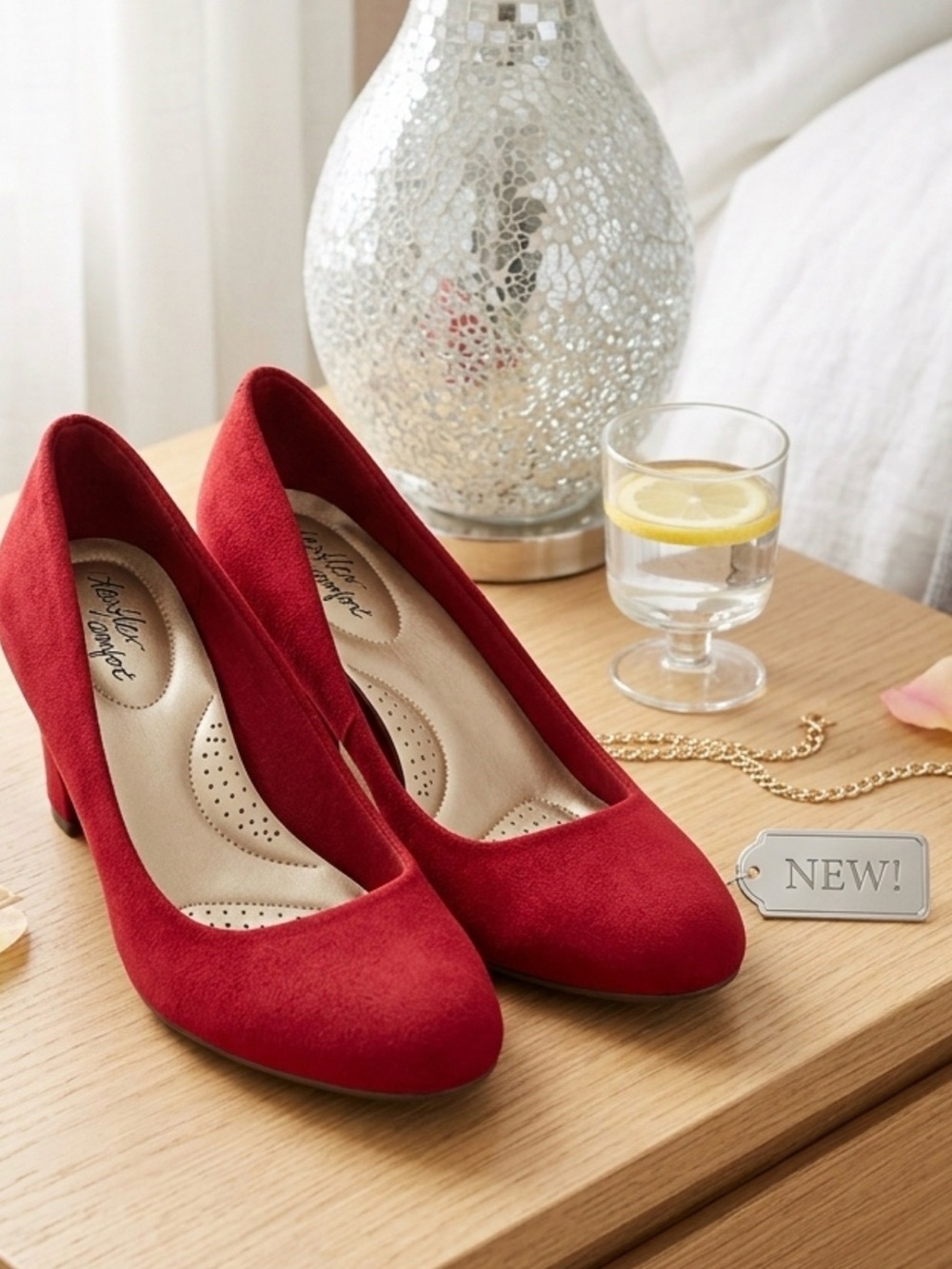 Red Suede Low Heel Pumps - Women's Classic Court Shoes